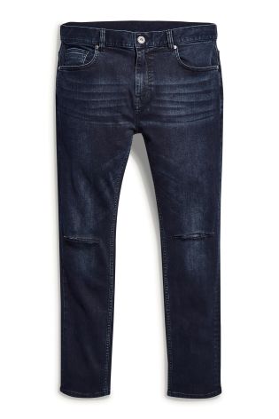 Dark Blue Ripped Knee Jeans With Stretch